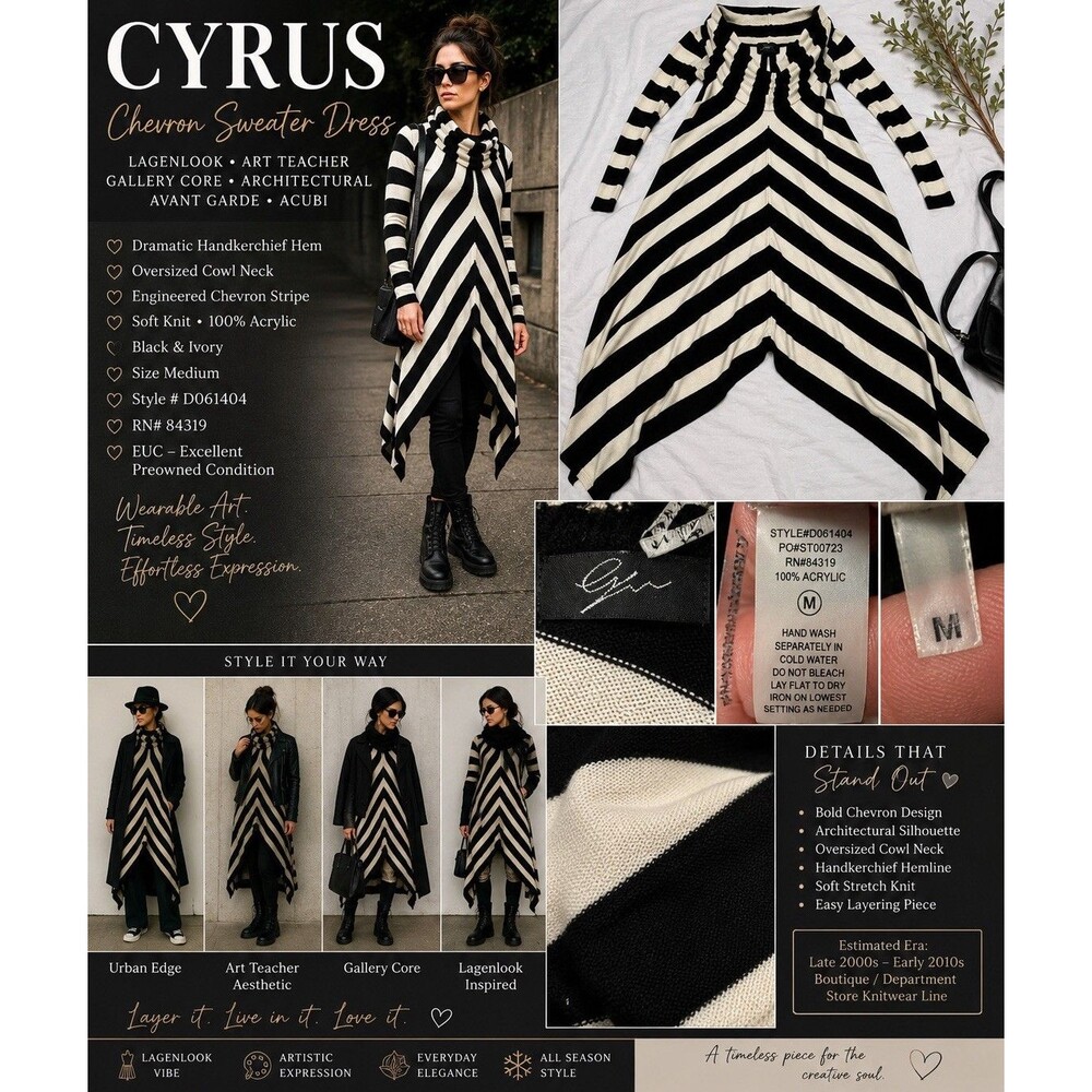 Cyrus Chevron Black & White Lagenlook Sweater Dress Art Teacher Handkerchief Hem